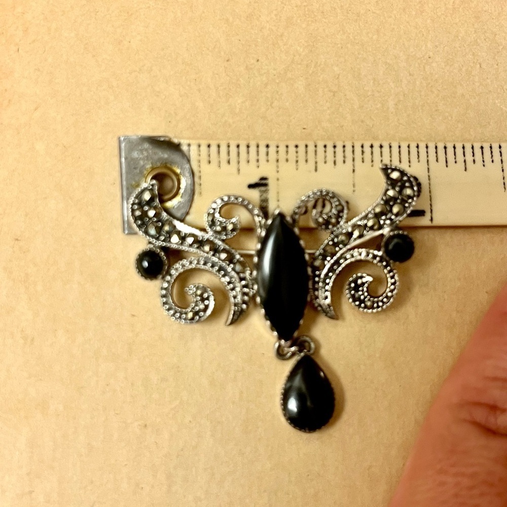Art Deco Art Nouveau vintage brooch marcasite onyx Victorian revival elegant - Picture 5 of 6